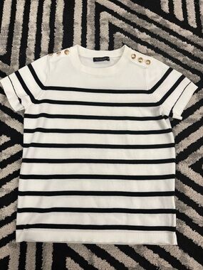 White & Black Striped Short Sleeve Sweater with Gold Buttons